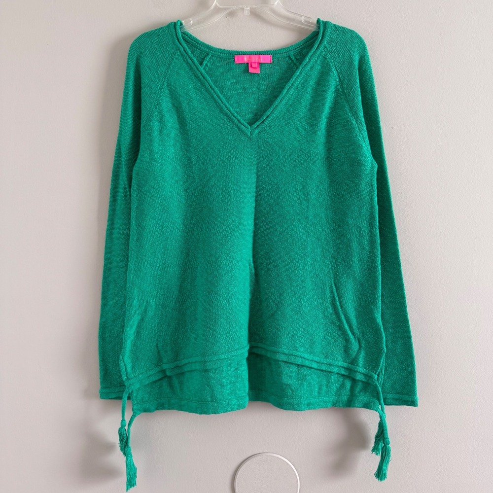 Lilly Pulitzer Boho Knit Sweater Green V-Neck Tassel Side Womens M Lightweight